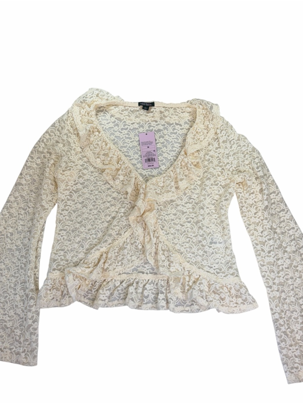 wild fable Cream Fairycore Y2K Lace Ruffle Long-Sleeve V-Neck Top - Picture 1 of 4